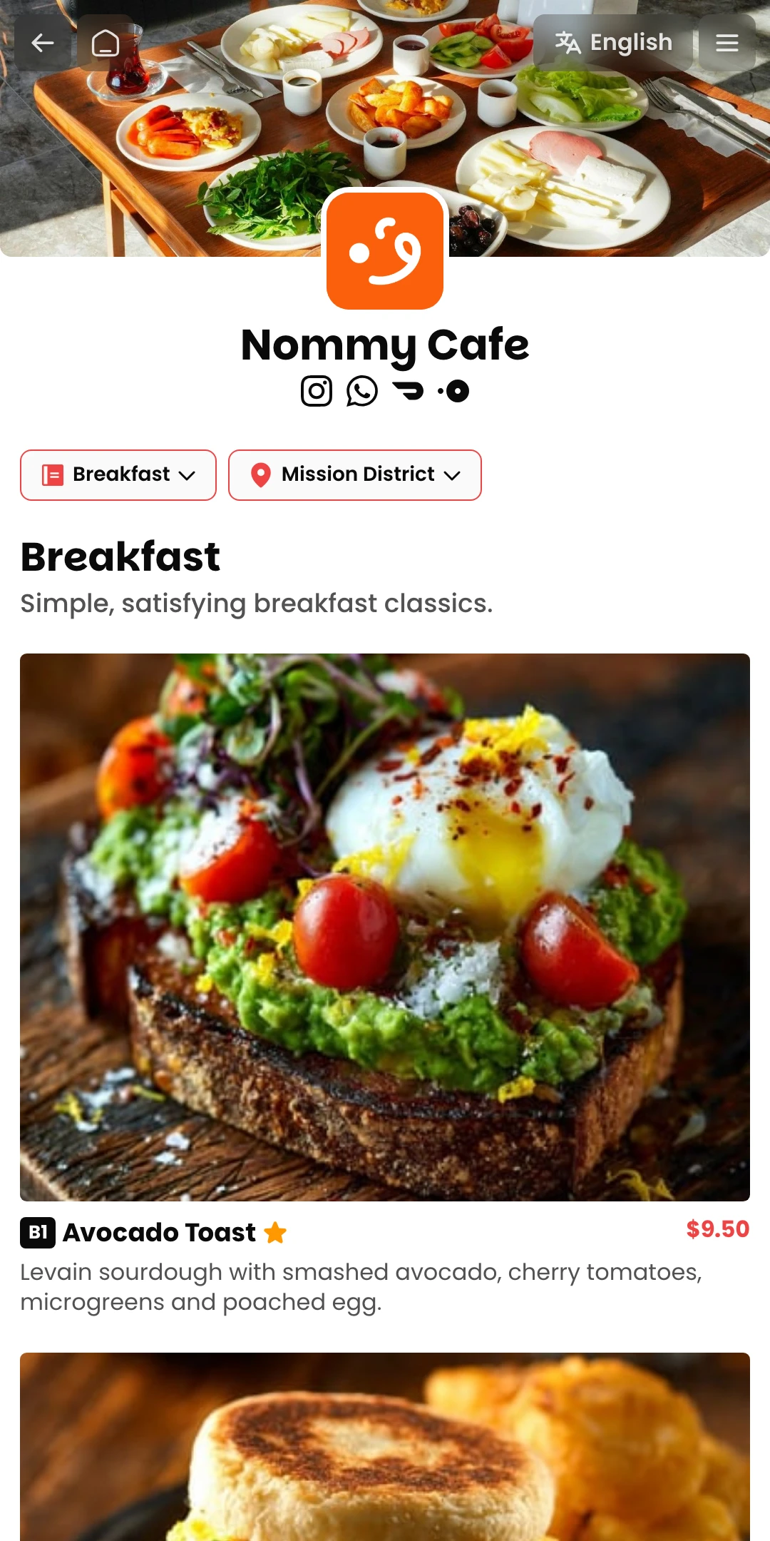 Menu page preview of the Blaze theme for a food business website