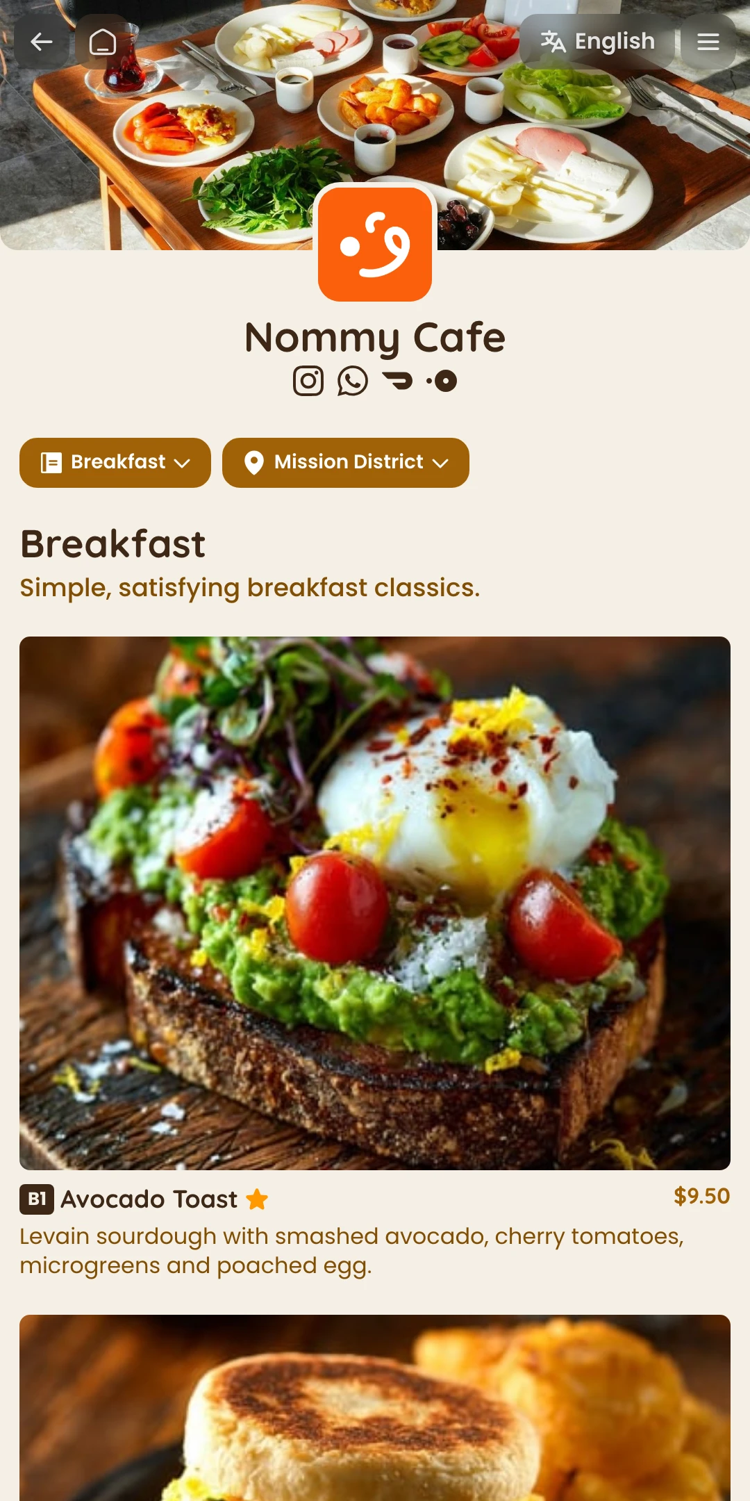Menu page preview of the Ember theme for a food business website