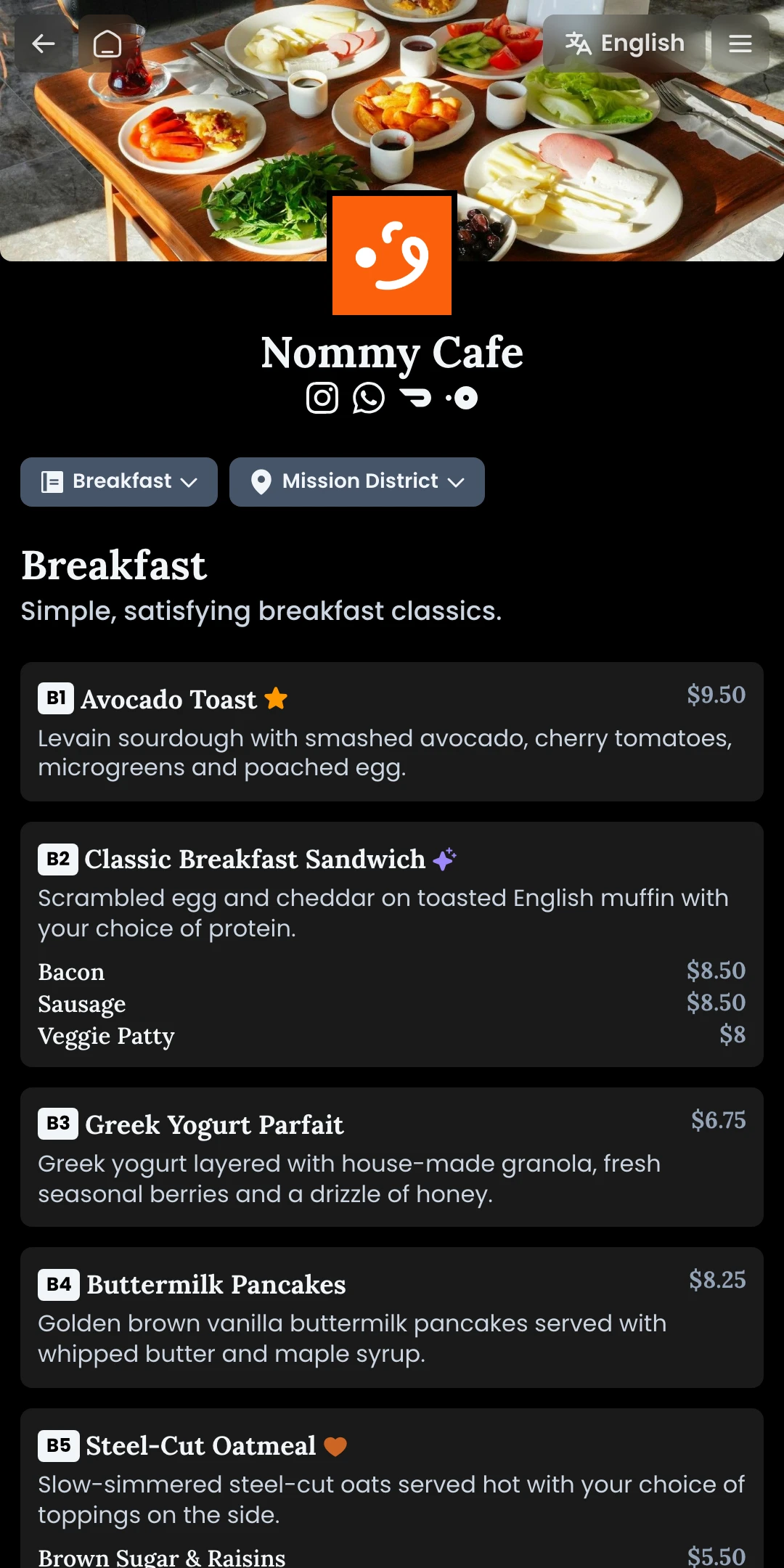 Menu page preview of the Midnight theme for a food business website