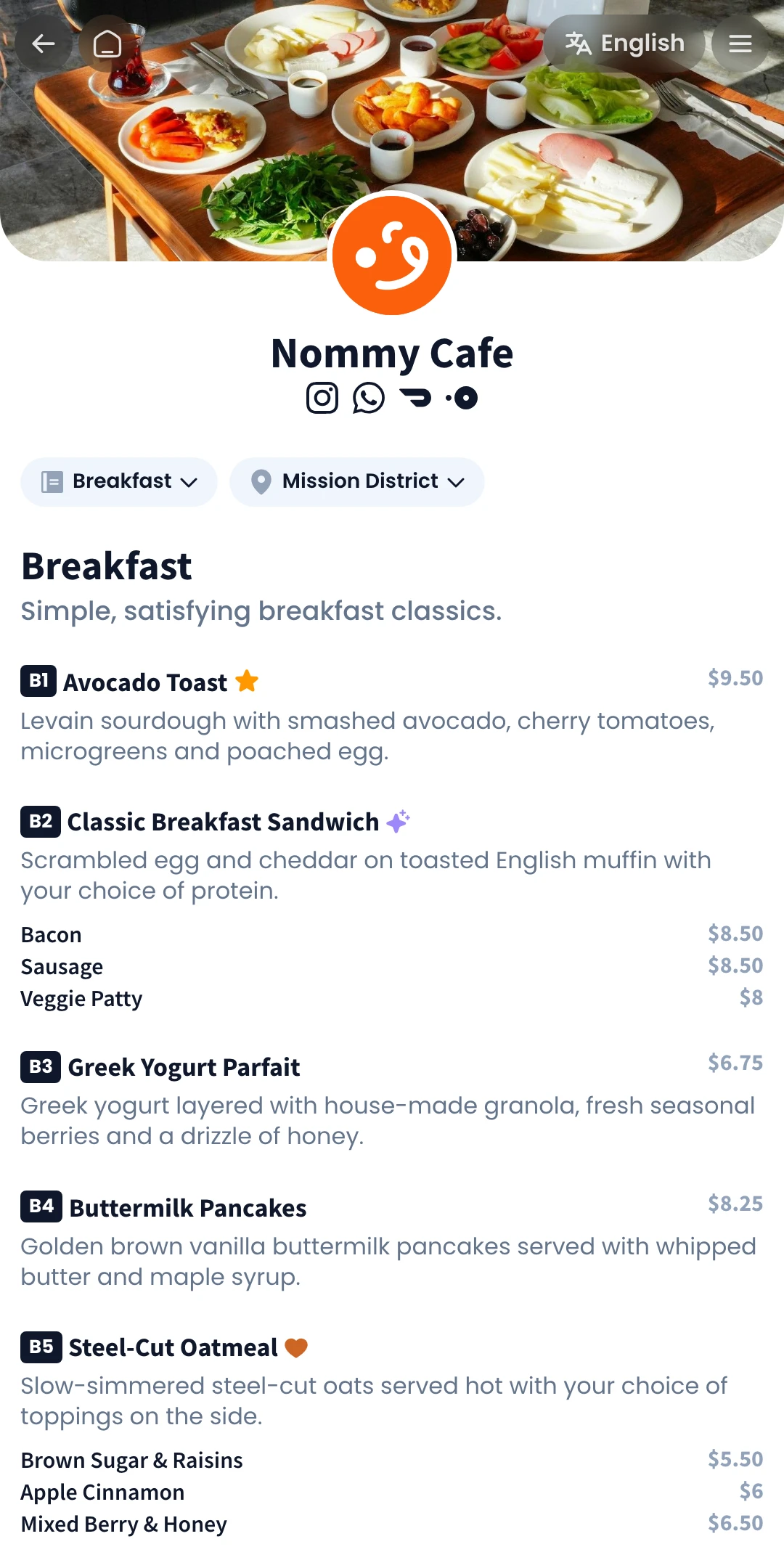 Menu page preview of the Minimal theme for a food business website