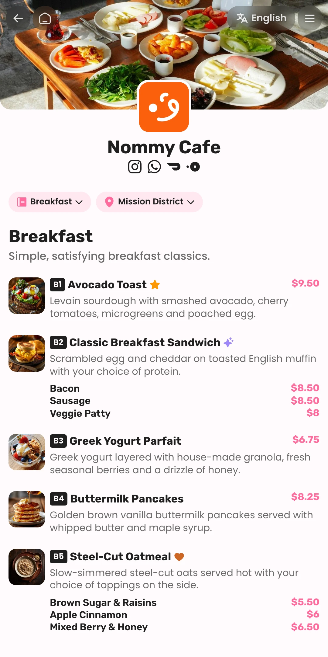 Menu page preview of the Mochi theme for a food business website