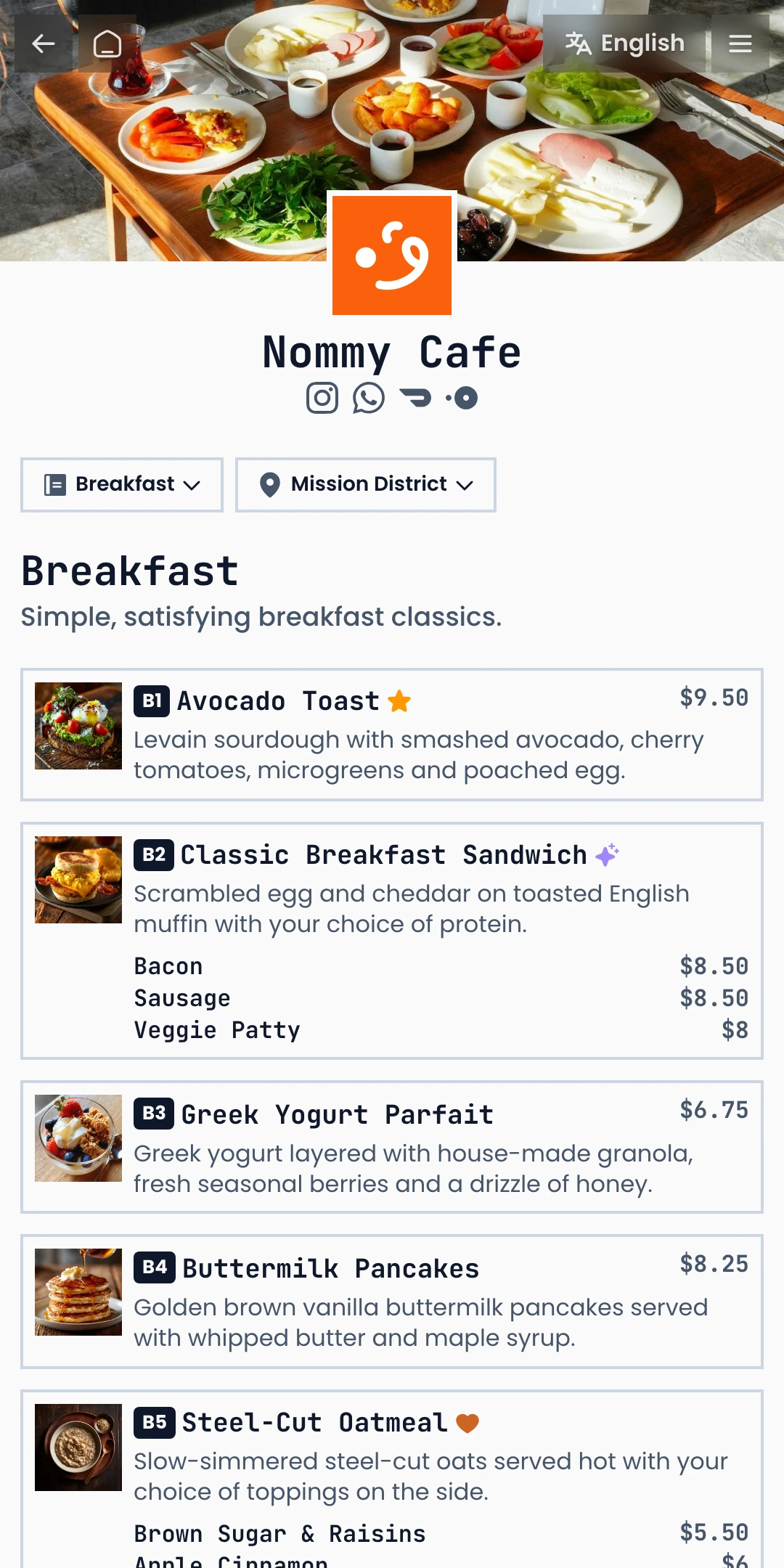Menu page preview of the Mono theme for a food business website