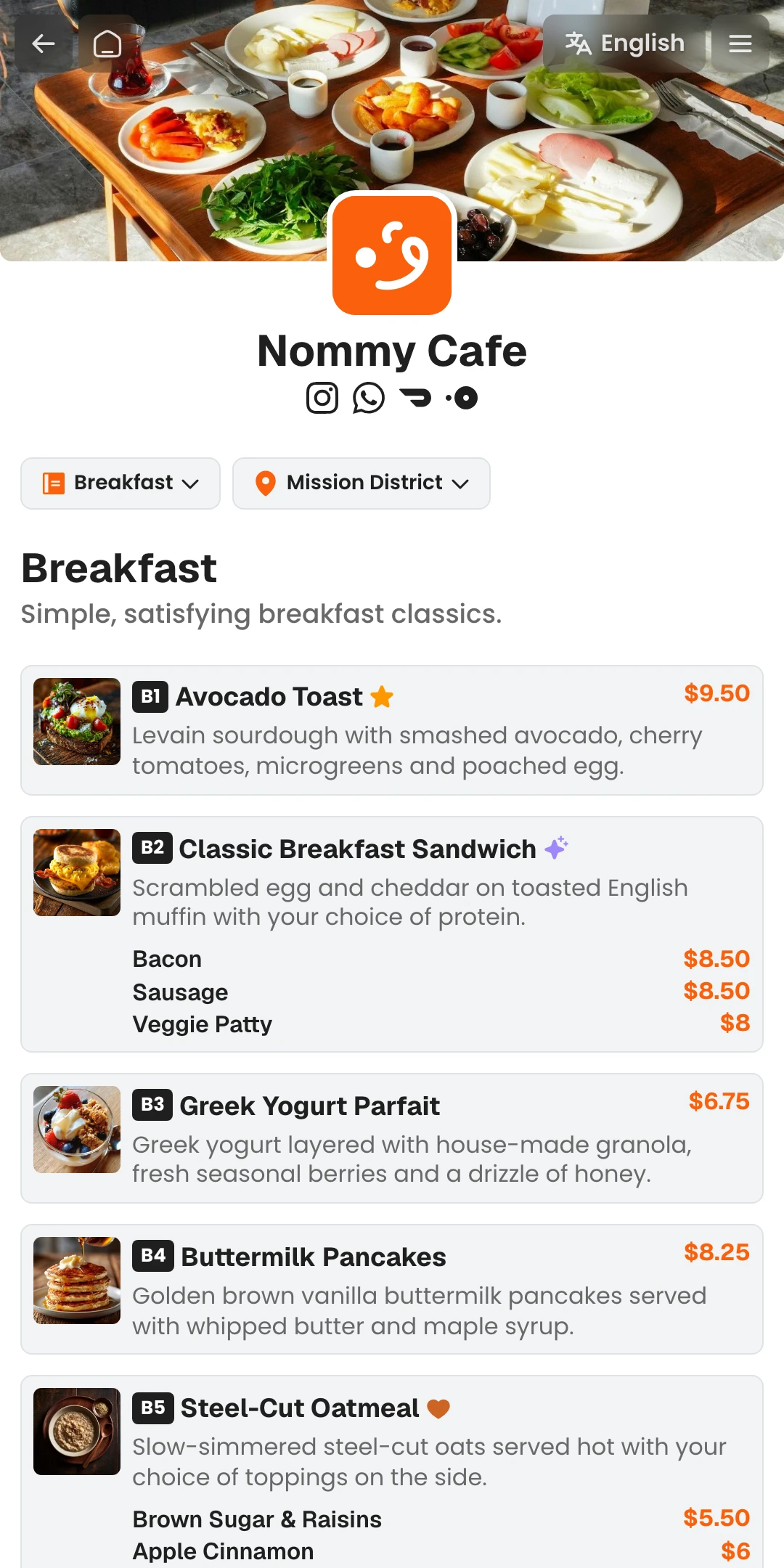Menu page preview of the Nommy theme for a food business website
