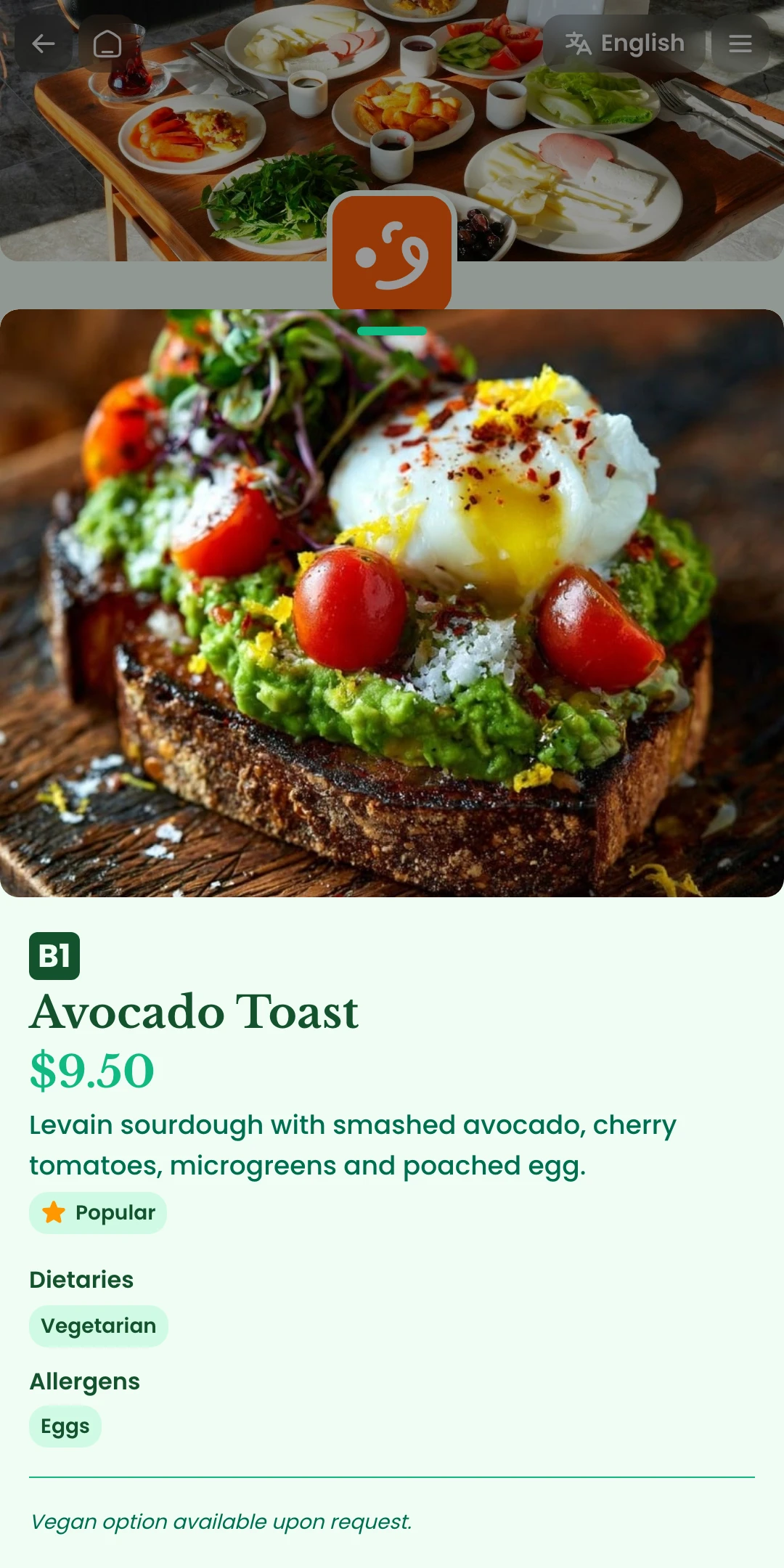 Preview of the Sprout Menu Item page layout
